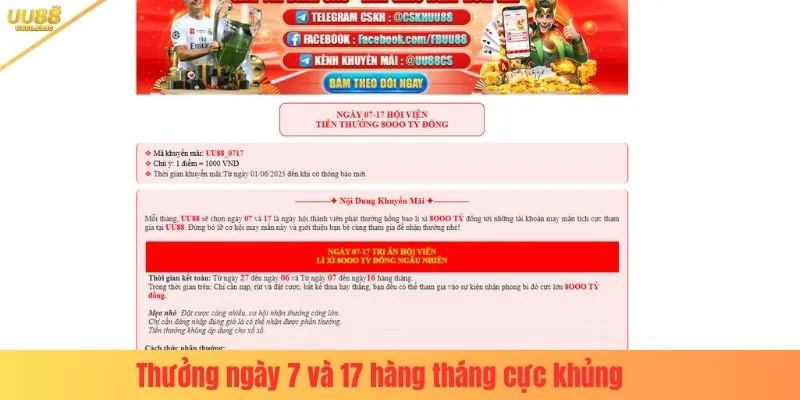 Thưởng ngày 7 và 17 hàng tháng cực khủng